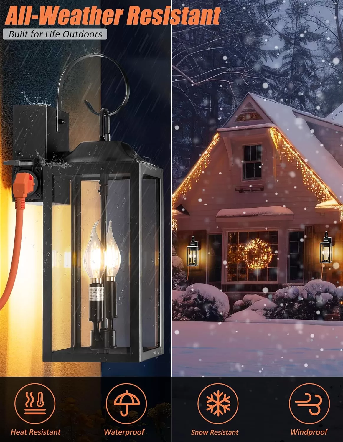 B06094GPB 19" Large Porch Light with Outlet, Black Large Outdoor Wall Lantern 2-Light Exterior Lighting Fixtures, Modern Outdoor Wall Light with Outlet Farmhouse Sconce Lantern for House Front Door Garage - Image 4