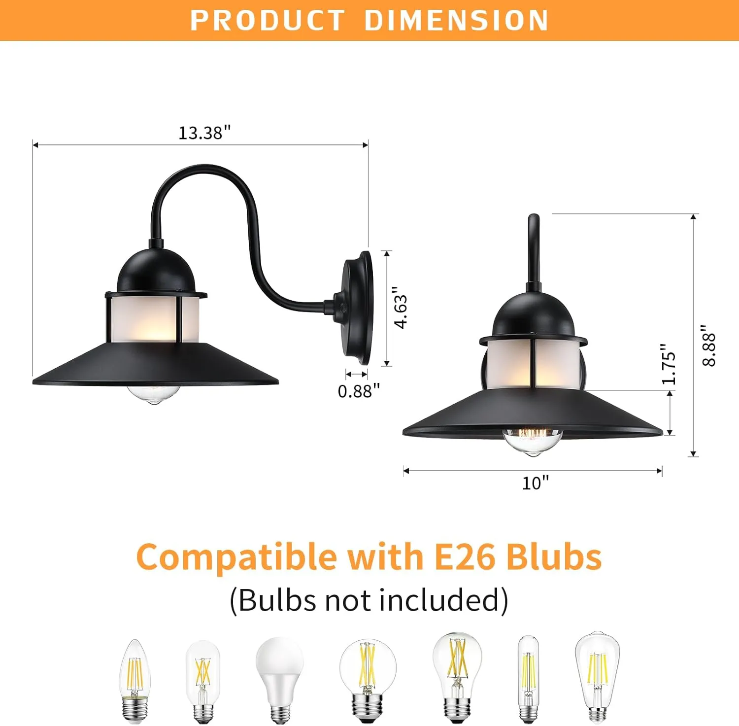 BD063-1 B10021PB Gooseneck Outdoor Light Fixtures 2-Pack, 10 inch Black Exterior Wall Sconce, Farmhouse Barn Lighting for Porch, Industrial Garage Entryway Patio, Waterproof Rustic Metal - Image 5