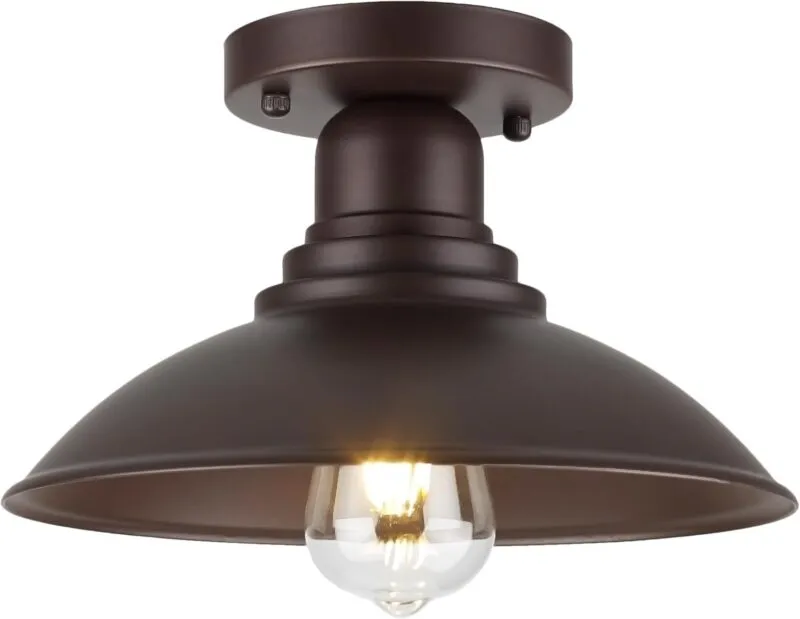 C00001 X10018P Oil Rubbed Bronze Outdoor Semi Flush Mount Ceiling Light Fixture, Metal Farmhouse Kitchen Light with E26 Based Socket, Round Semi Flush Ceiling Light for Kitchen