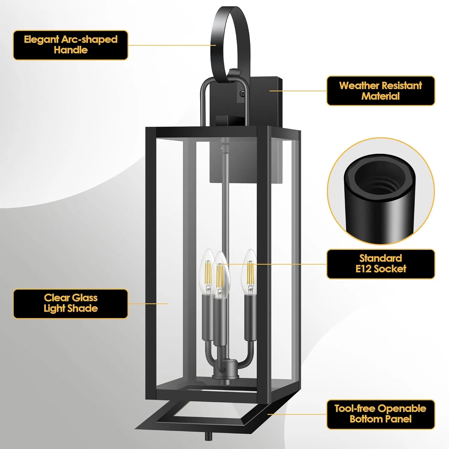 LC-WGL-25IN B08051P 25'' Extra Large Exterior Lighting Fixtures with Closed Bottom, 2-Pack Waterproof Anti Rust Modern Front Porch Light, Outdoor Sconce Lights with E12 Socket, for Big House Garage Supermarket Factory - Image 6