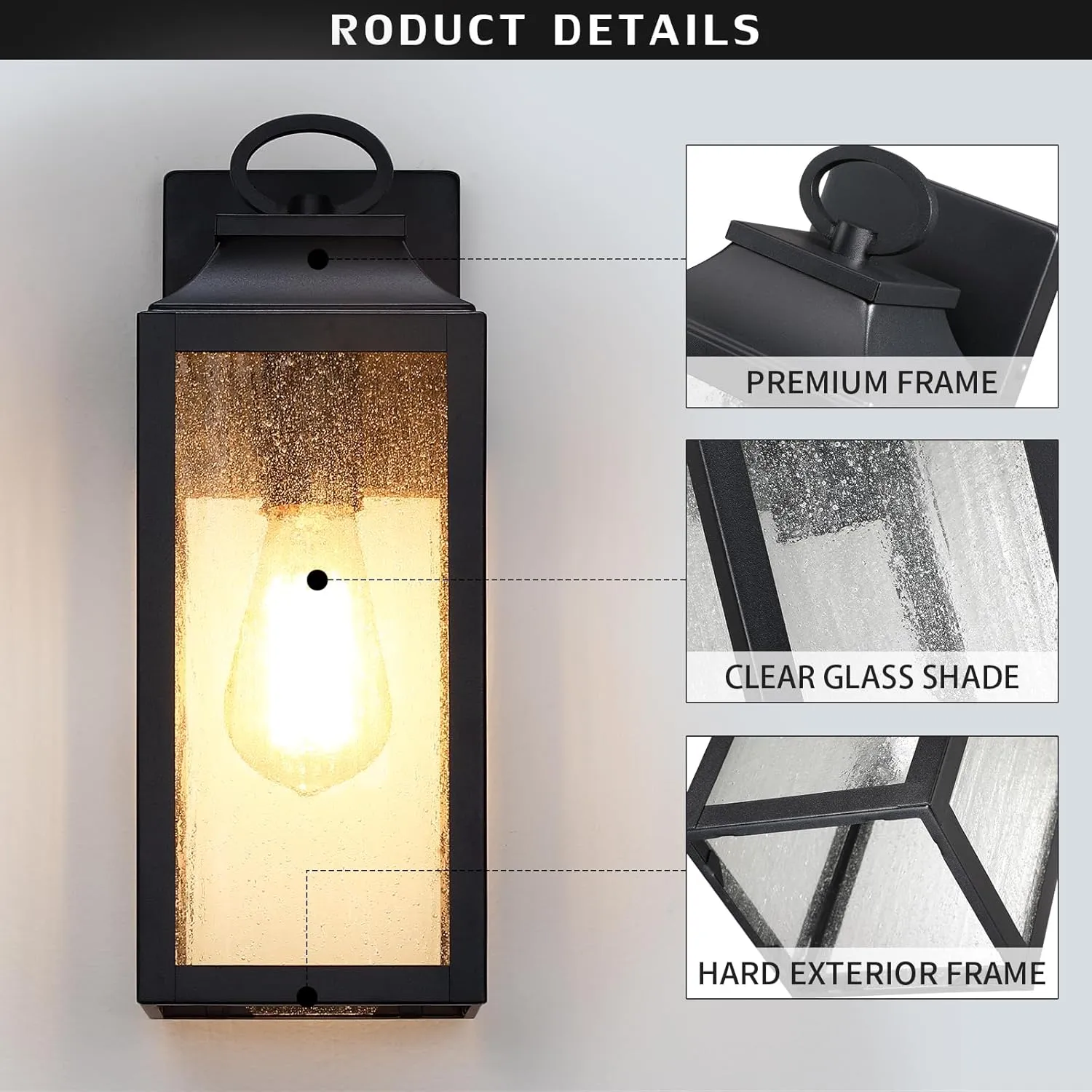 BD059-1 B04050P Outdooor Wall Light Fixture,12.63" Porch Exterior Wall Lantern Lighting,Black Industrial Sconce with Seeded Glass Shade for Doorway,Garage,Yard,Patio - Image 3