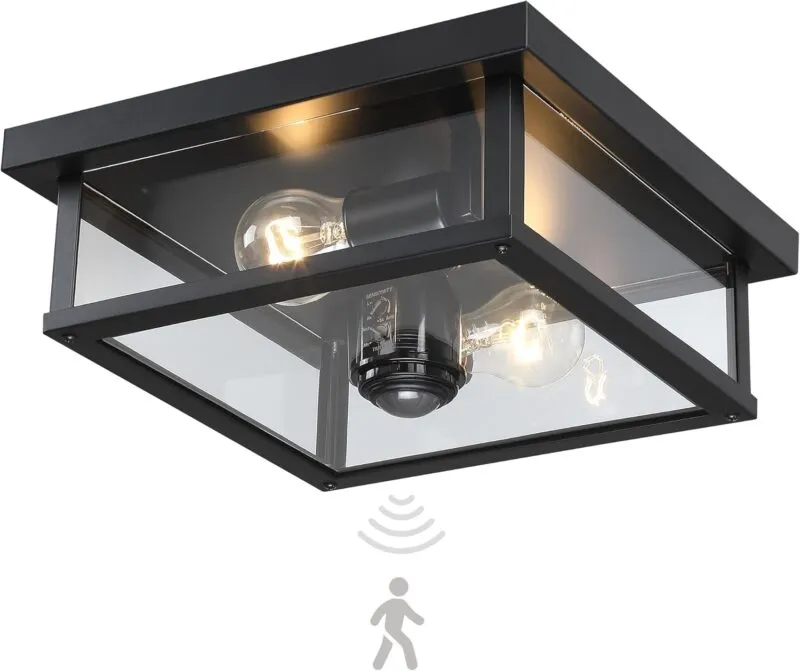 HWXDD002-2 X12024PG Outdoor Motion Sensor Ceiling Light,Industrial Outside 2-Light Exterior Light with Clear Glass for Garage,Front Door,Backyard.HWXDD002-2-BK-GY