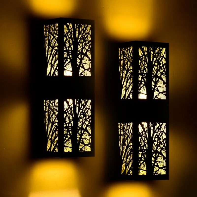 CY0333-2BL B04071LD Rustic Farmhouse Exterior LED Lights with Tree-Branch Cutout and Amber Lampshade, Hard Wired Waterproof Up-and-Down Outdoor Wall Lighting for House, Garage, Patio, Porch, 2 Pack