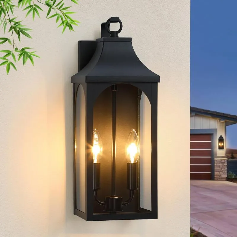 HWBD008-2 B06148P 17" Outdoor Wall Light Fixture, 2-Light Sand Black Exterior Light Fixture, Waterproof Porch Lighting for House, Farmhouse Sconces Lantern for Front Door, Garage, ETL Listed, E12 Socket