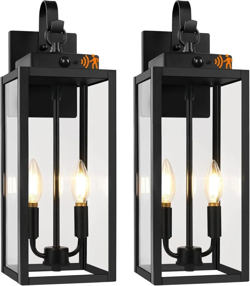 B06159PG BesLowe 17.5” Upgraded Motion Sensor Outdoor Wall Lights, Dusk to Dawn Porch Lights Outdoor Wall Sconces, 3 Lighting Modes Exterior Lighting Fixtures with Hooks, Black Outside Lights for House, 2-Pack