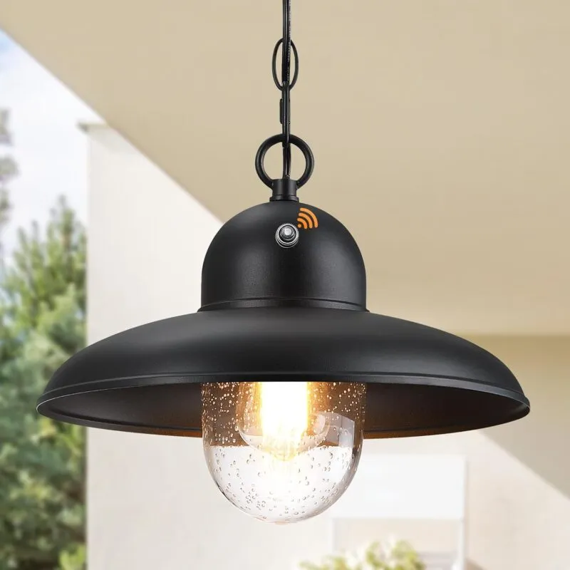 DD064-1-GY D12022PP Dusk to Dawn Outdoor Pendant Lights for Porch 12", Outdoor Farmhouse Hanging Light Fixture with Adjustable Chain and Bubble Glass, Black Rustic Exterior Pendant Light for Front Door, Gazebo