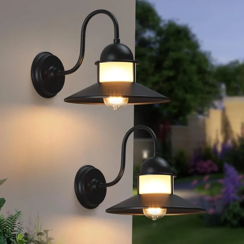BD063-1 B10021PB Gooseneck Outdoor Light Fixtures 2-Pack, 10 inch Black Exterior Wall Sconce, Farmhouse Barn Lighting for Porch, Industrial Garage Entryway Patio, Waterproof Rustic Metal