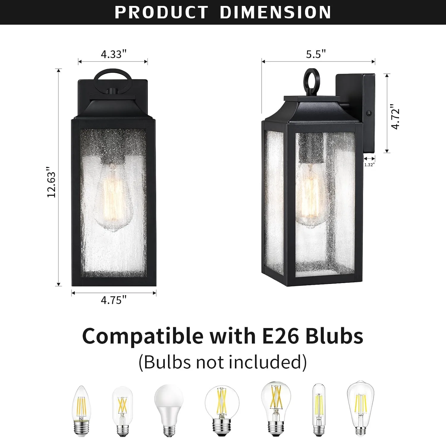 BD059-1 B04050P Outdooor Wall Light Fixture,12.63" Porch Exterior Wall Lantern Lighting,Black Industrial Sconce with Seeded Glass Shade for Doorway,Garage,Yard,Patio - Image 2