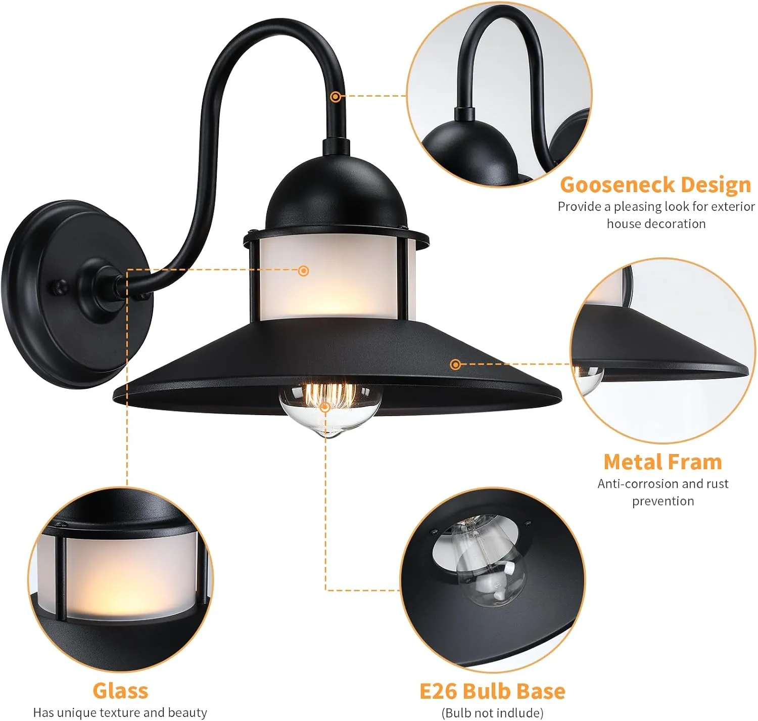 BD063-1 B10021PB Gooseneck Outdoor Light Fixtures 2-Pack, 10 inch Black Exterior Wall Sconce, Farmhouse Barn Lighting for Porch, Industrial Garage Entryway Patio, Waterproof Rustic Metal - Image 2