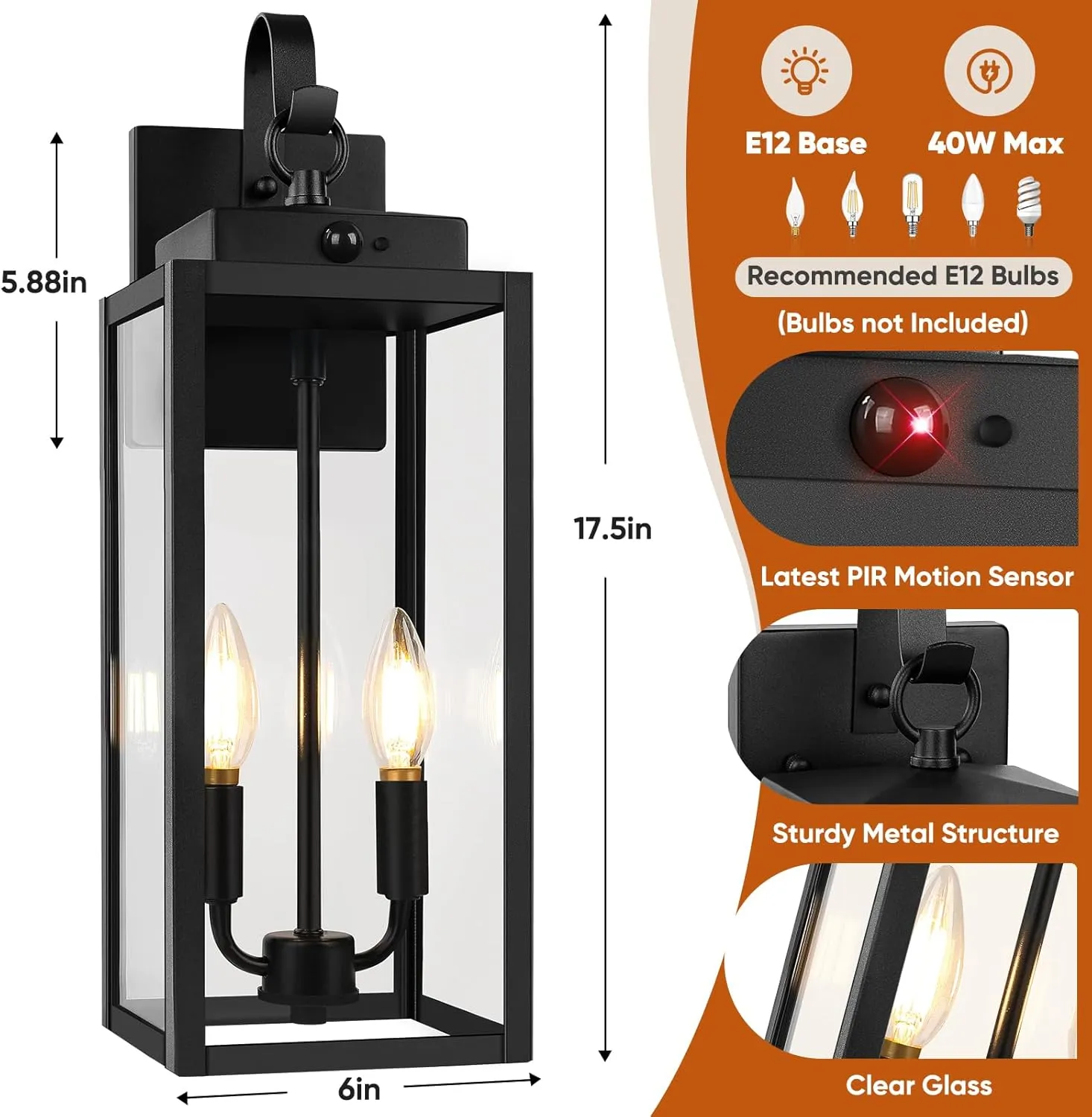 B06159PG BesLowe 17.5” Upgraded Motion Sensor Outdoor Wall Lights, Dusk to Dawn Porch Lights Outdoor Wall Sconces, 3 Lighting Modes Exterior Lighting Fixtures with Hooks, Black Outside Lights for House, 2-Pack - Image 3