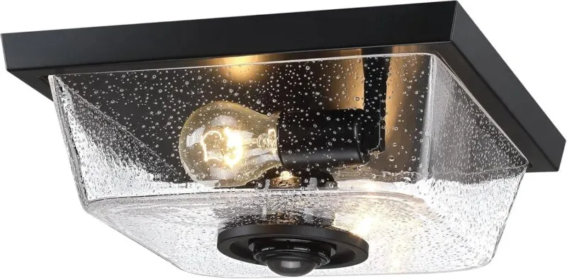 HWXDD003-2 X12025PG Outdoor Motion Sensor Ceiling Light,Industrial Flush Mount Outside 2-Light Exterior Light with Clear Glass for Garage,Front Door,Backyard