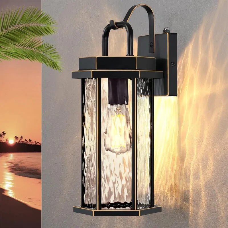 B07064PP 16" Large Outdoor Wall Lights, Dusk to Dawn Exterior Lighting Fixtures with Attractive Glass, Waterproof Black Modern Outdoor Sconce with Gold Finish for House, Front Door, Porch, Garage, Anti-Rust