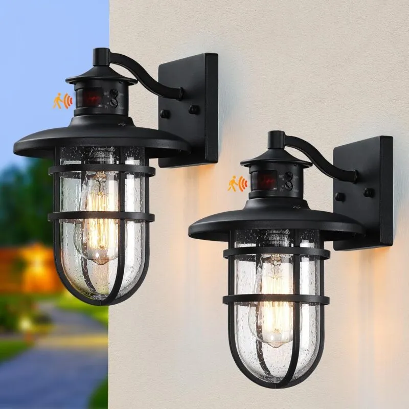 HWBD007-1 B07058PG 2 Pack Outdoor Wall Sconce with Motion Sensor,Outside Dusk to Dawn Exterior Wall Mount,Industrial Anti-Rust Lantern Wall Lamp for Porch,Doorway,Garage,Yard,Patio