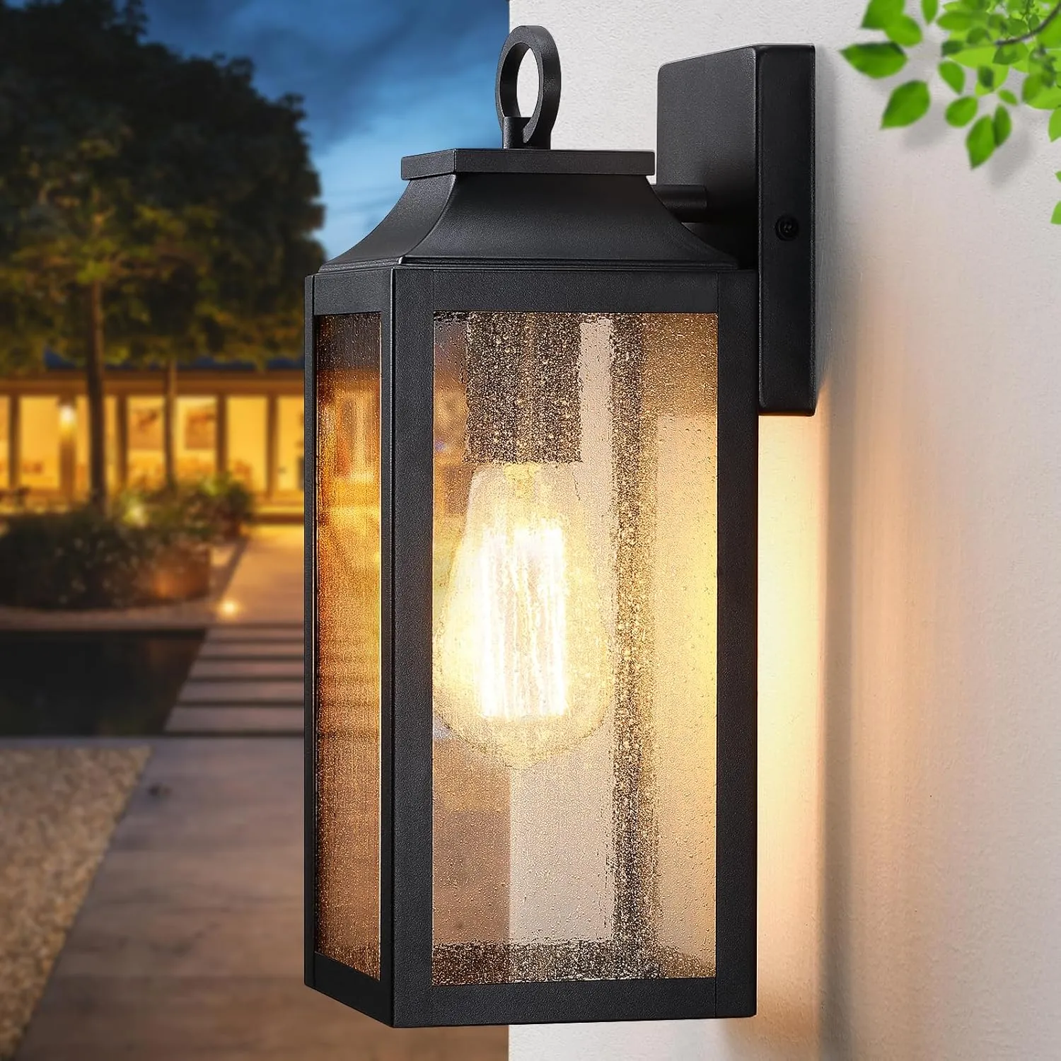 BD059-1 B04050P Outdooor Wall Light Fixture,12.63" Porch Exterior Wall Lantern Lighting,Black Industrial Sconce with Seeded Glass Shade for Doorway,Garage,Yard,Patio