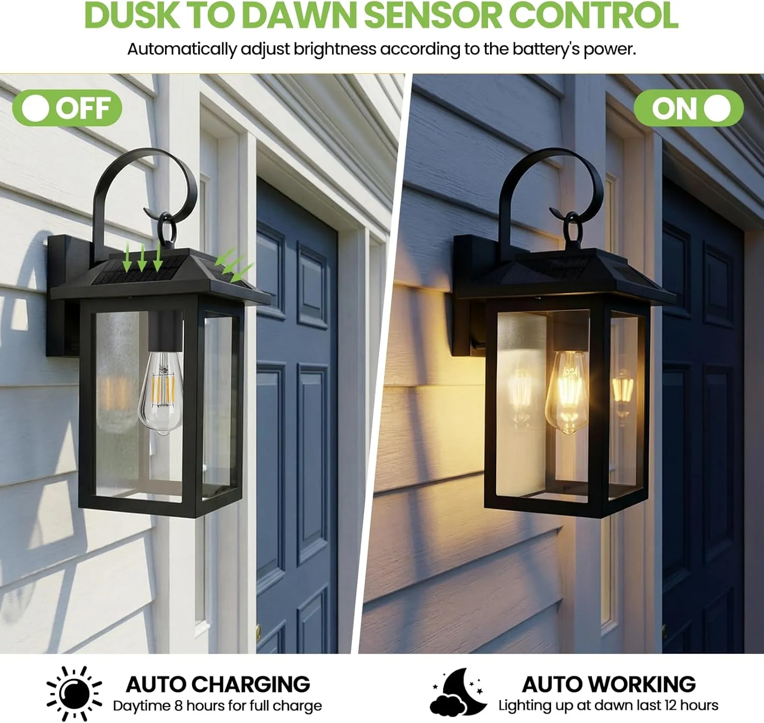 S0L-01-2P B06162PT 2 Pack Solar Outdoor Wall Lights, Dusk to Dawn Motion Sensor LED Sconce for Fence Front Door Waterproof, Exterior Porch Lamps Lanterns Wall Mount Patio Decorative, 2700K E26 Bulb Included - Image 6