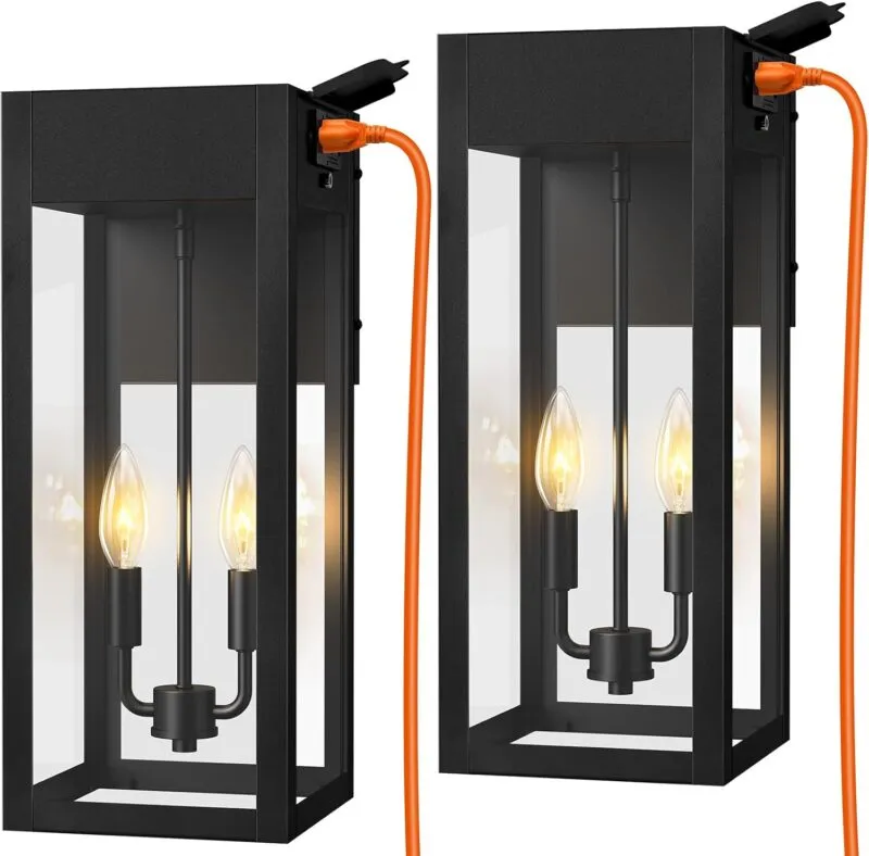 B05053GP-BIG-BUS B07061GP 2-Pack 17.87" Extra Large Outdoor Wall Lights with GFCI Outlet, Black 2-Light Porch Lights Outdoor, Waterproof Exterior Lamp with E12 Sockets for House, Porch, Patio, Garage