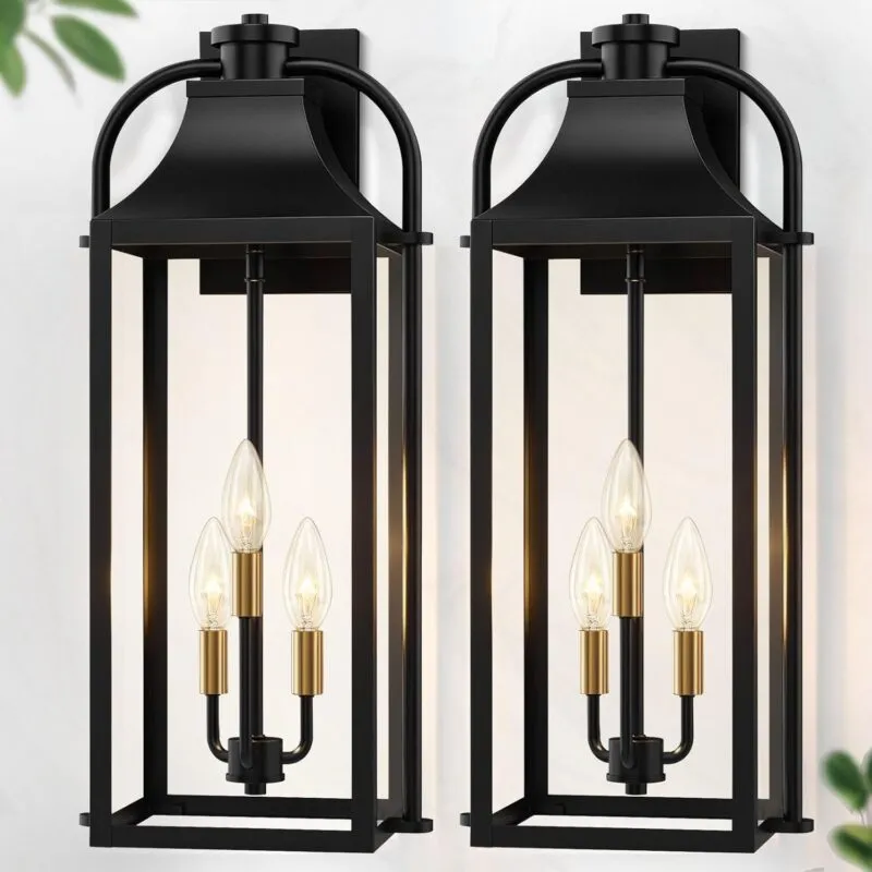 B06165P-BIG-2PUS B10028P 28" Large Outdoor Wall Lights 2 Pack, 3-Light Black Exterior Sconces with Clear Glass, Extra Tall Waterproof Porch Lanterns, Aluminum Alloy Fixtures for Front Door Garage, E12 Socket