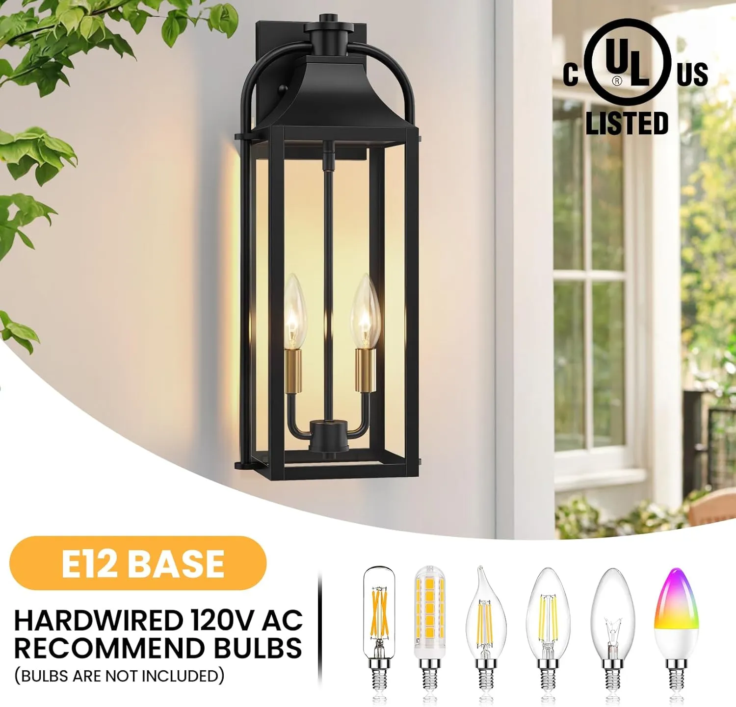 B06165P-M-2PUS B08053P 22" Large Outdoor Wall Lights, 2-Pack Black Porch Lights with Clear Glass, Waterproof Exterior Lighting Fixtures, E12 Socket Modern Farmhouse Wall Sconces Lantern for House Garage, Aluminum Frame - Image 4