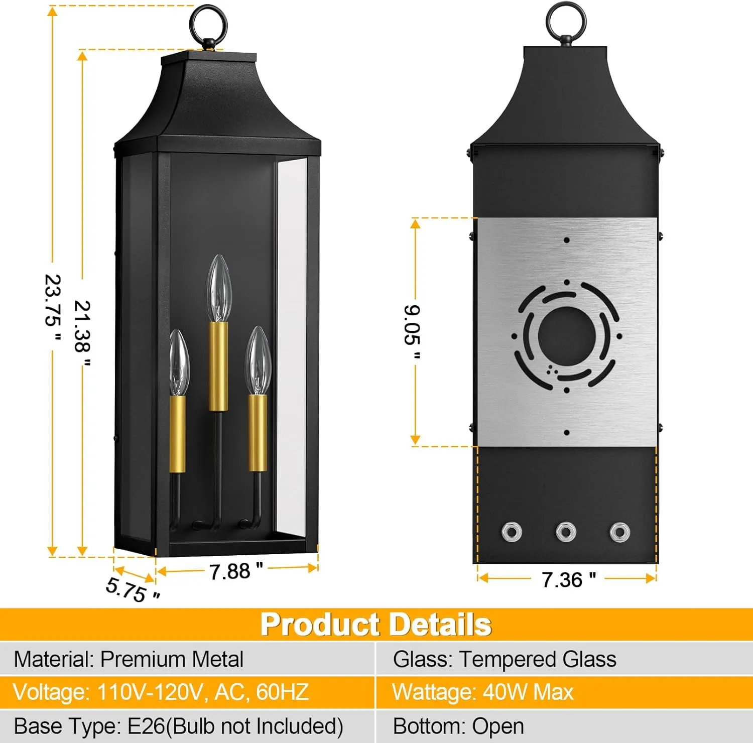 0926-BIG-2PUS B08057P 2-Pack 24" Large Outdoor Wall Lights,E12 Black Exterior Light Fixture Wall Mount, Farmhouse Porch Lights Outdoor Wall Lantern with Clear Glass, Waterproof Outside Sconce Lights for House Garage - Image 4