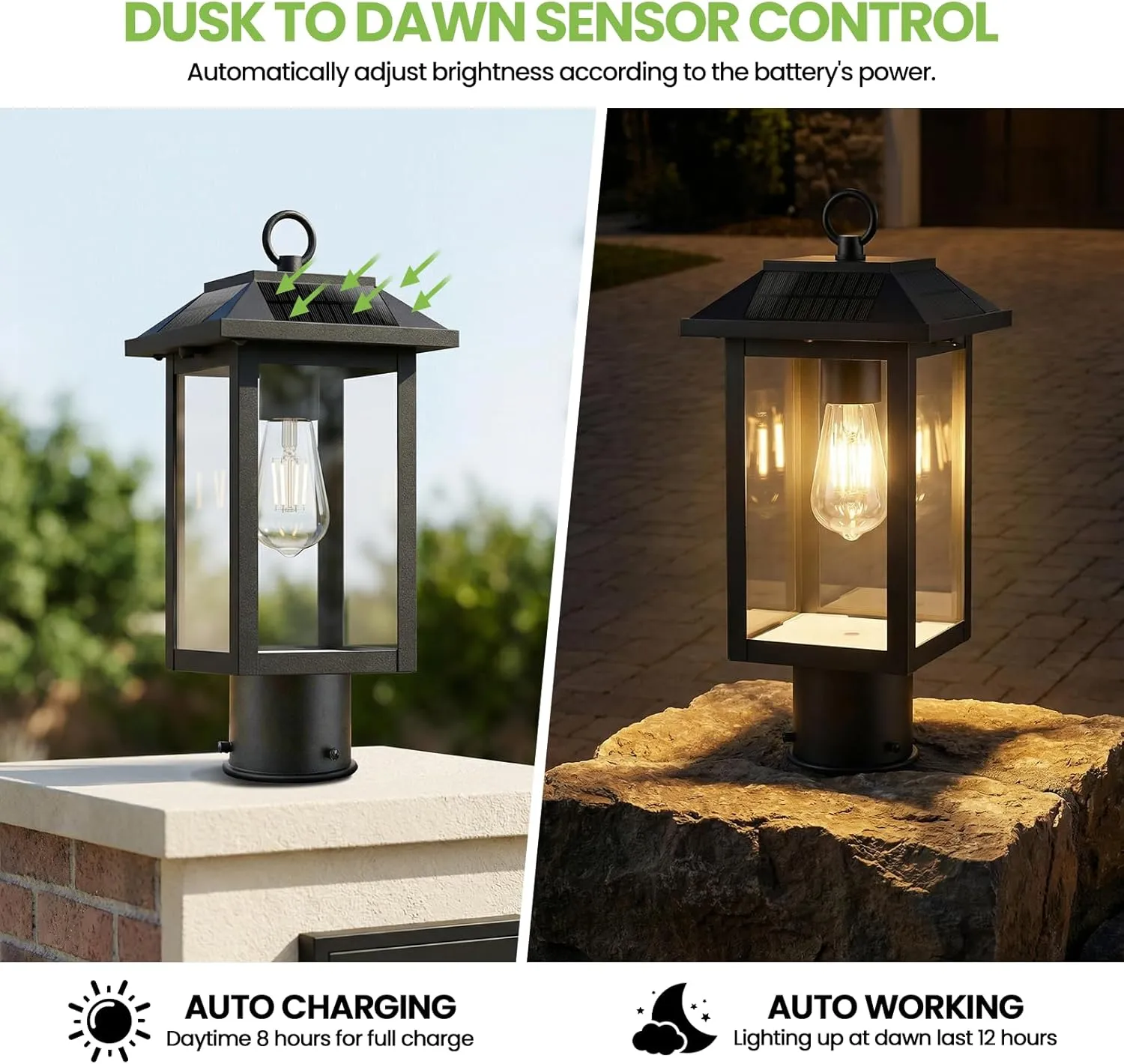 S0L-02-1P Z06162PT Solar Post Lights, Dusk to Dawn Solar Lamp Post Light with Pier Mount Base, 2700K Post Lights Outdoor Waterproof, Vintage Street Lights for Lawn Garden Yard Pole Pillar (E26 Bulbs Included) - Image 2