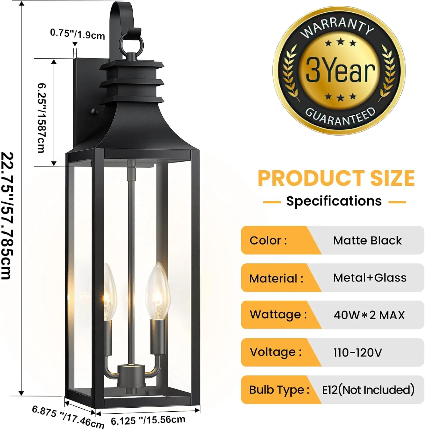 B0920-M-2P-BUS B06166P 22" Large Outdoor Wall Lights, 2-Pack Black Porch Lights with Clear Glass, Waterproof Exterior Lighting Fixtures, E12 Socket Modern Farmhouse Wall Sconces Lantern for House Garage, Aluminum Frame - Image 5