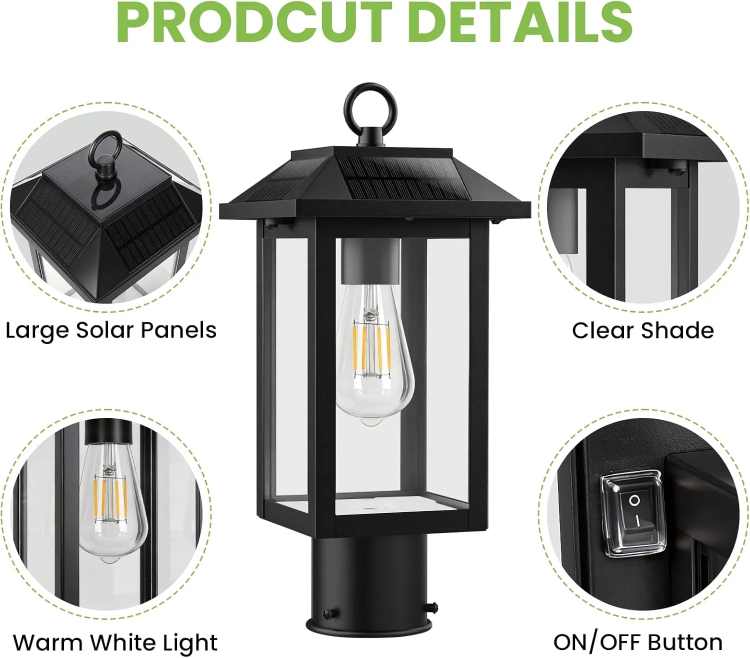 S0L-02-1P Z06162PT Solar Post Lights, Dusk to Dawn Solar Lamp Post Light with Pier Mount Base, 2700K Post Lights Outdoor Waterproof, Vintage Street Lights for Lawn Garden Yard Pole Pillar (E26 Bulbs Included) - Image 4