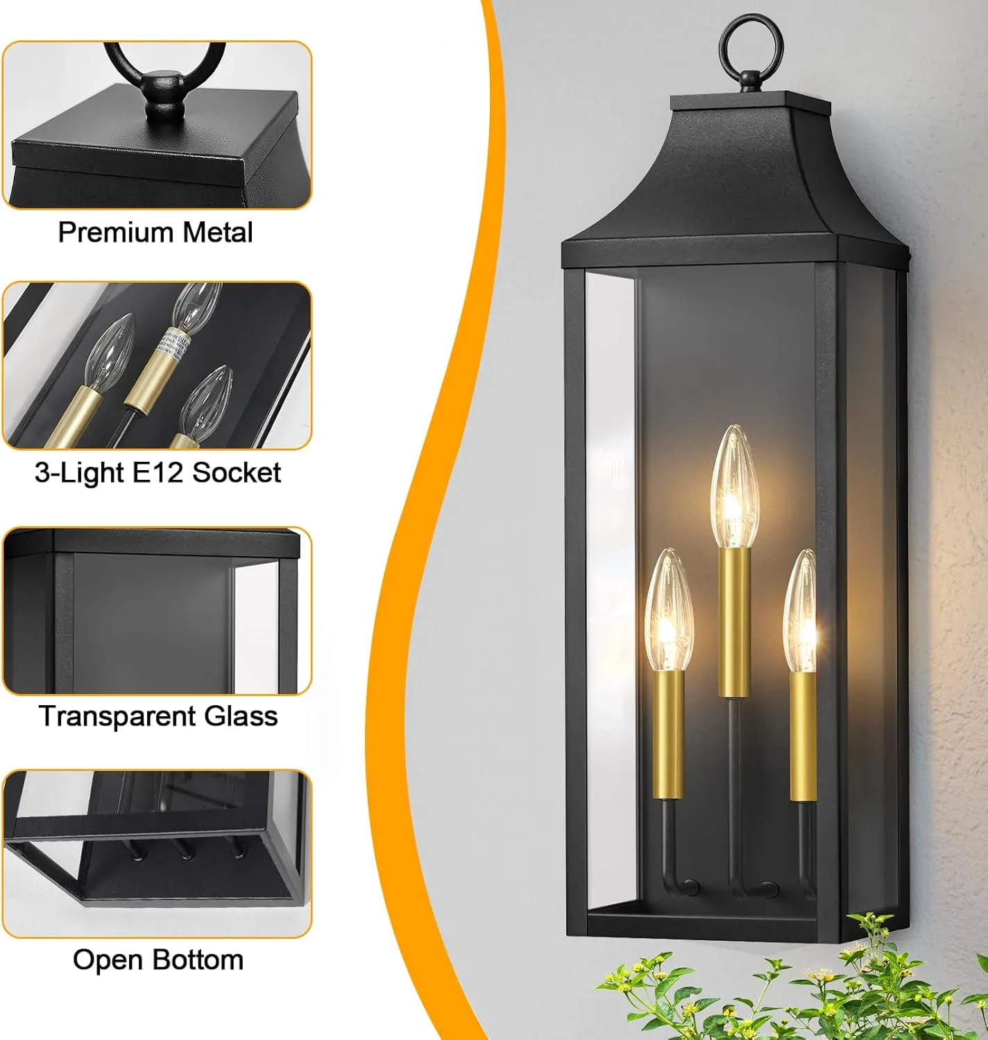 0926-BIG-2PUS B08057P 2-Pack 24" Large Outdoor Wall Lights,E12 Black Exterior Light Fixture Wall Mount, Farmhouse Porch Lights Outdoor Wall Lantern with Clear Glass, Waterproof Outside Sconce Lights for House Garage - Image 2