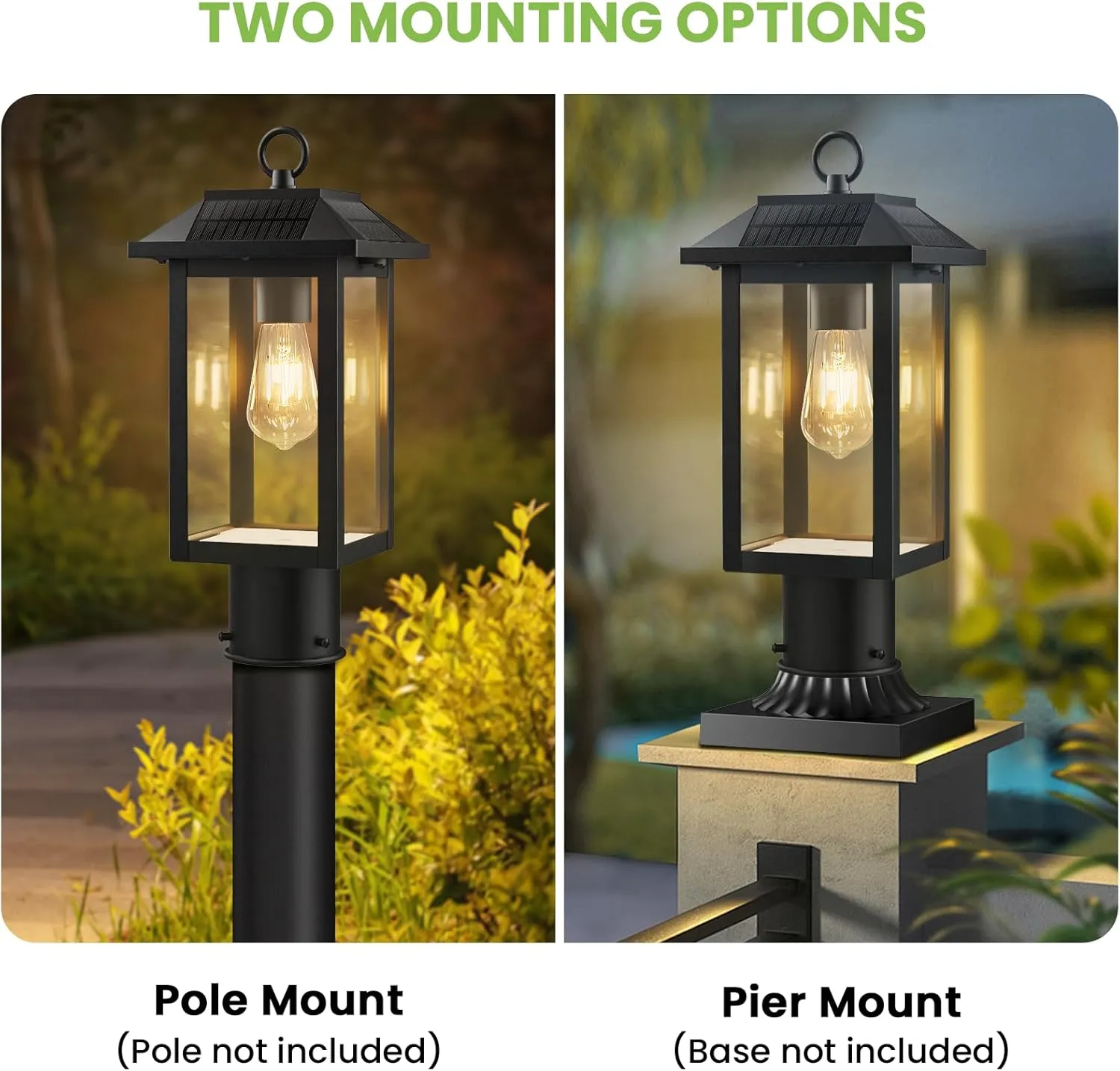 S0L-02-1P Z06162PT Solar Post Lights, Dusk to Dawn Solar Lamp Post Light with Pier Mount Base, 2700K Post Lights Outdoor Waterproof, Vintage Street Lights for Lawn Garden Yard Pole Pillar (E26 Bulbs Included) - Image 7