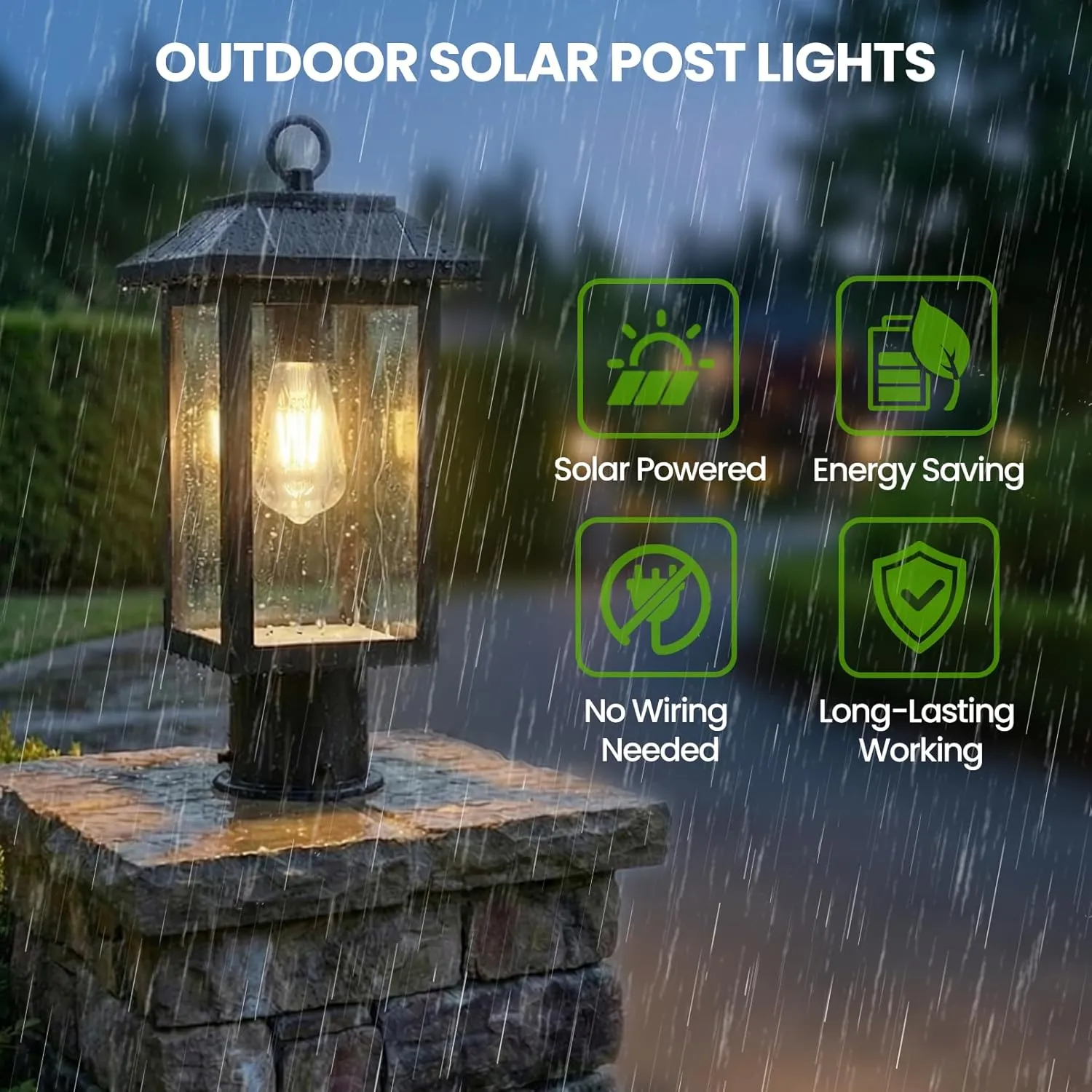 S0L-02-1P Z06162PT Solar Post Lights, Dusk to Dawn Solar Lamp Post Light with Pier Mount Base, 2700K Post Lights Outdoor Waterproof, Vintage Street Lights for Lawn Garden Yard Pole Pillar (E26 Bulbs Included) - Image 6