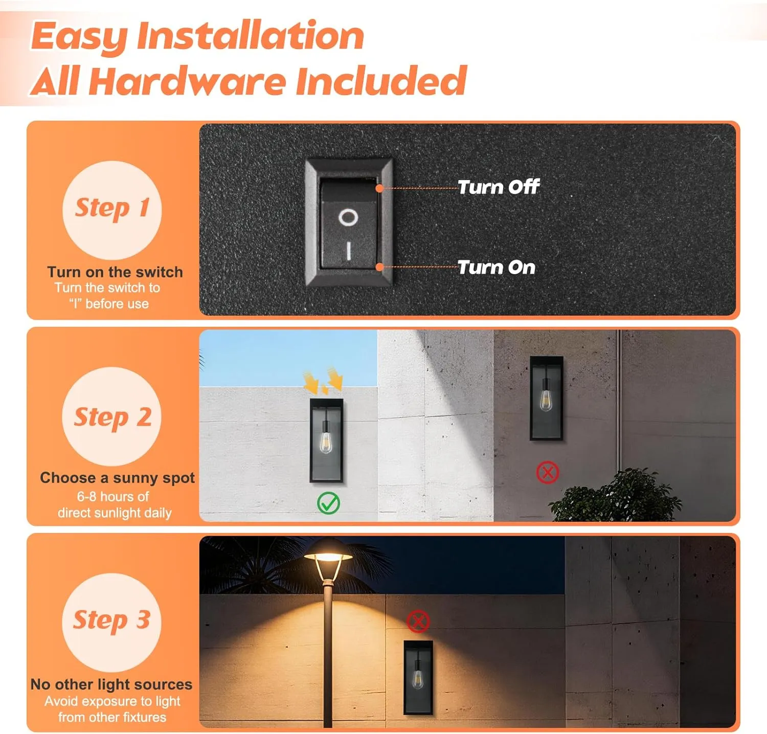 B06175PT 2-Pack Solar Outdoor Wall Lights, Dusk to Dawn Solar Powered Outside Sconce, 15'' Metal Exterior Wall Mounted Lamps for Front Porch, Security Lighting for Outside Patio Fence Garage,E26 Bulbs Included - Image 4