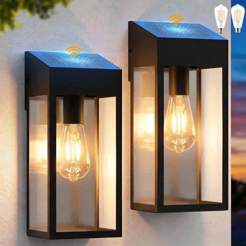 B04081PT 2PK Solar Wall Lights Outdoor Included E26 Bulbs, 12” Dusk to Dawn Outdoor Lighting IP65 Waterproof Exterior Light Fixtures for House Garage Courtyard Patio Porch Lights 3000K