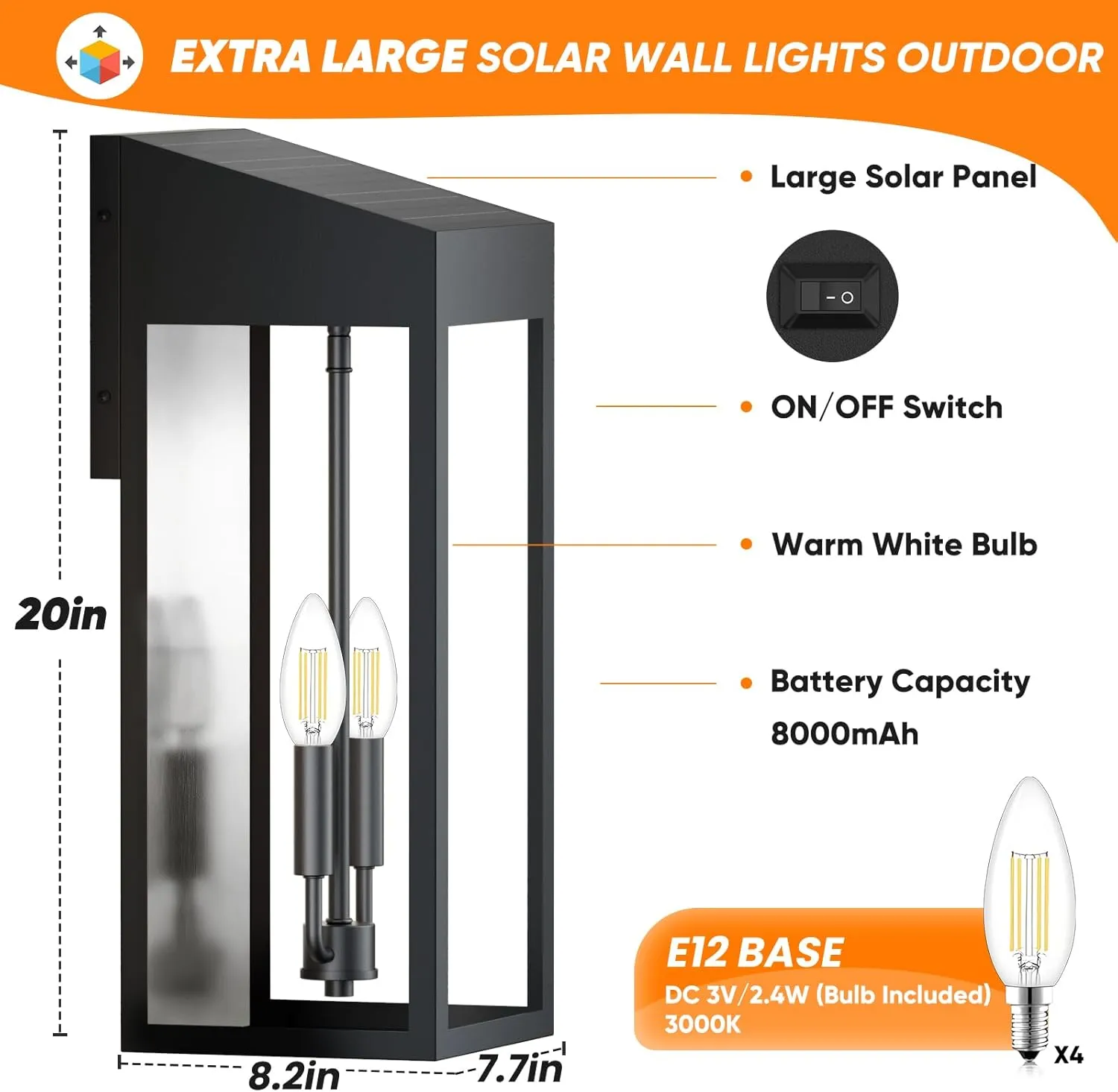 B08061PT Extra Large Solar Wall Lights Outdoor, 20 Inch Dusk to Dawn Outdoor Lights for House IP65 Waterproof, Black Exterior Lights with Tempered Glass Patio Coach Light, Included E12 Bulbs×4 - Image 8