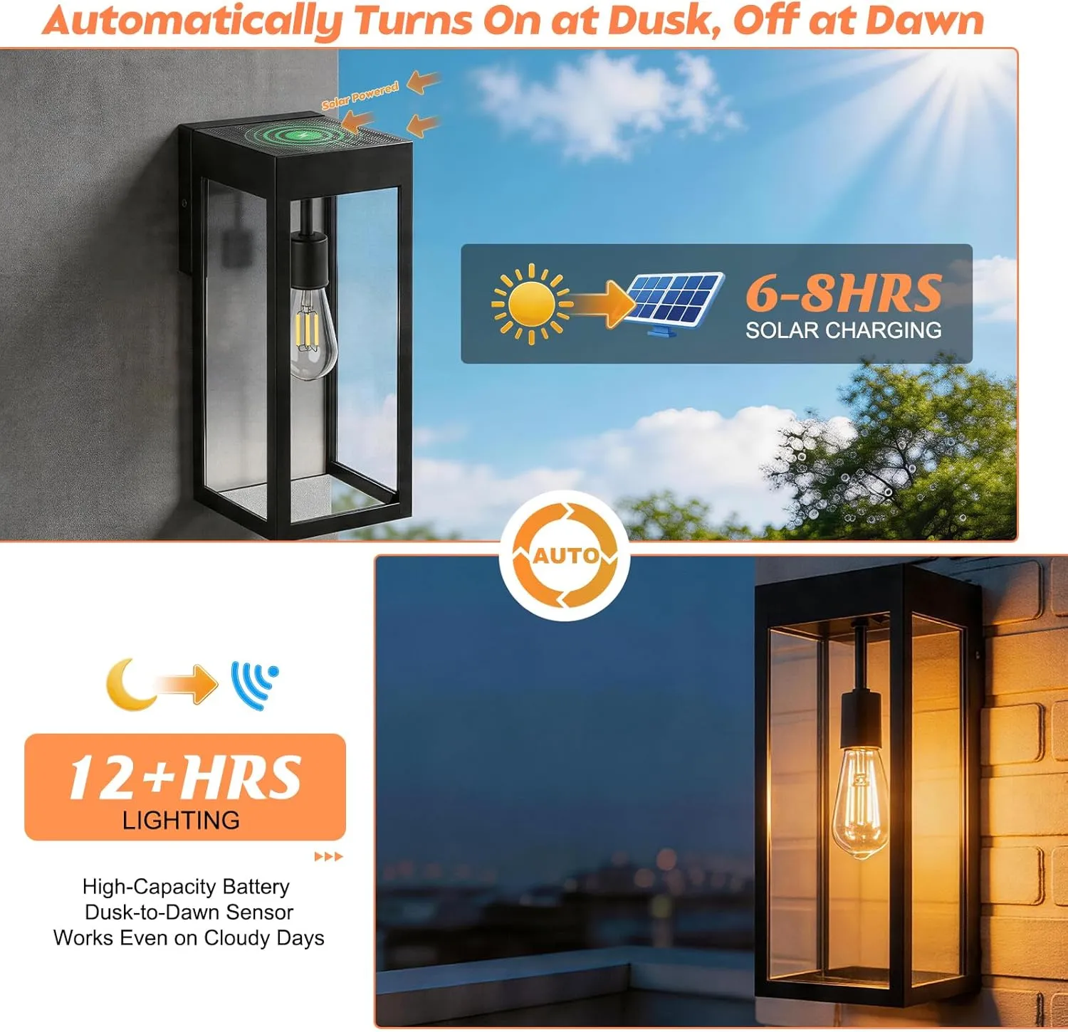 B06175PT 2-Pack Solar Outdoor Wall Lights, Dusk to Dawn Solar Powered Outside Sconce, 15'' Metal Exterior Wall Mounted Lamps for Front Porch, Security Lighting for Outside Patio Fence Garage,E26 Bulbs Included - Image 2