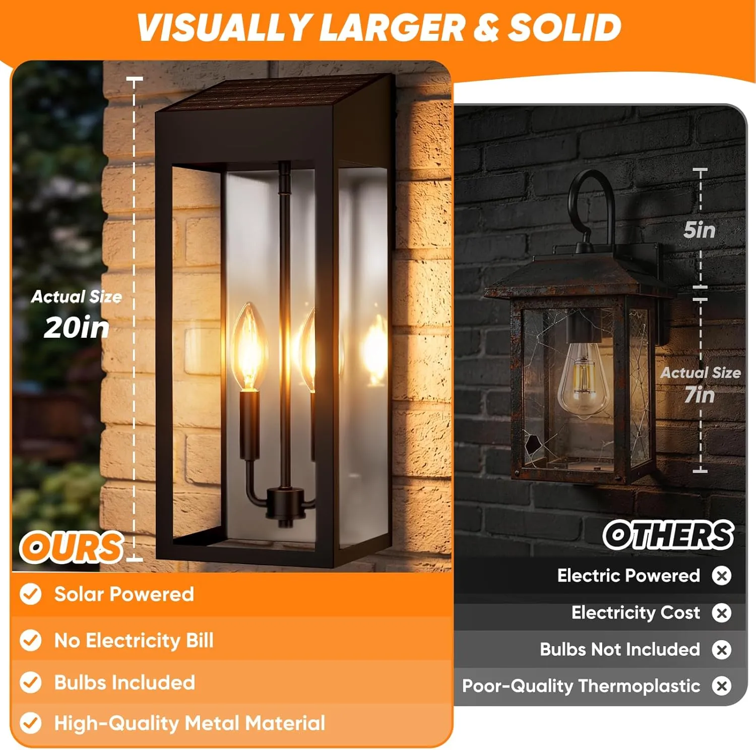 B08061PT Extra Large Solar Wall Lights Outdoor, 20 Inch Dusk to Dawn Outdoor Lights for House IP65 Waterproof, Black Exterior Lights with Tempered Glass Patio Coach Light, Included E12 Bulbs×4 - Image 6