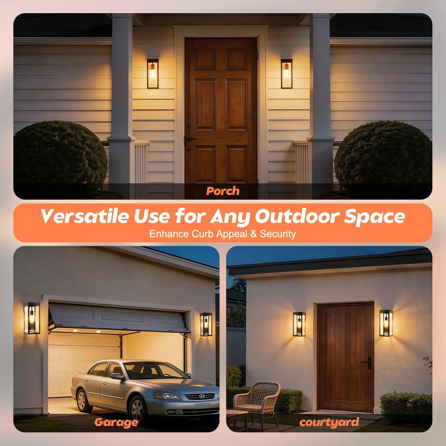 B06175PT 2-Pack Solar Outdoor Wall Lights, Dusk to Dawn Solar Powered Outside Sconce, 15'' Metal Exterior Wall Mounted Lamps for Front Porch, Security Lighting for Outside Patio Fence Garage,E26 Bulbs Included - Image 8