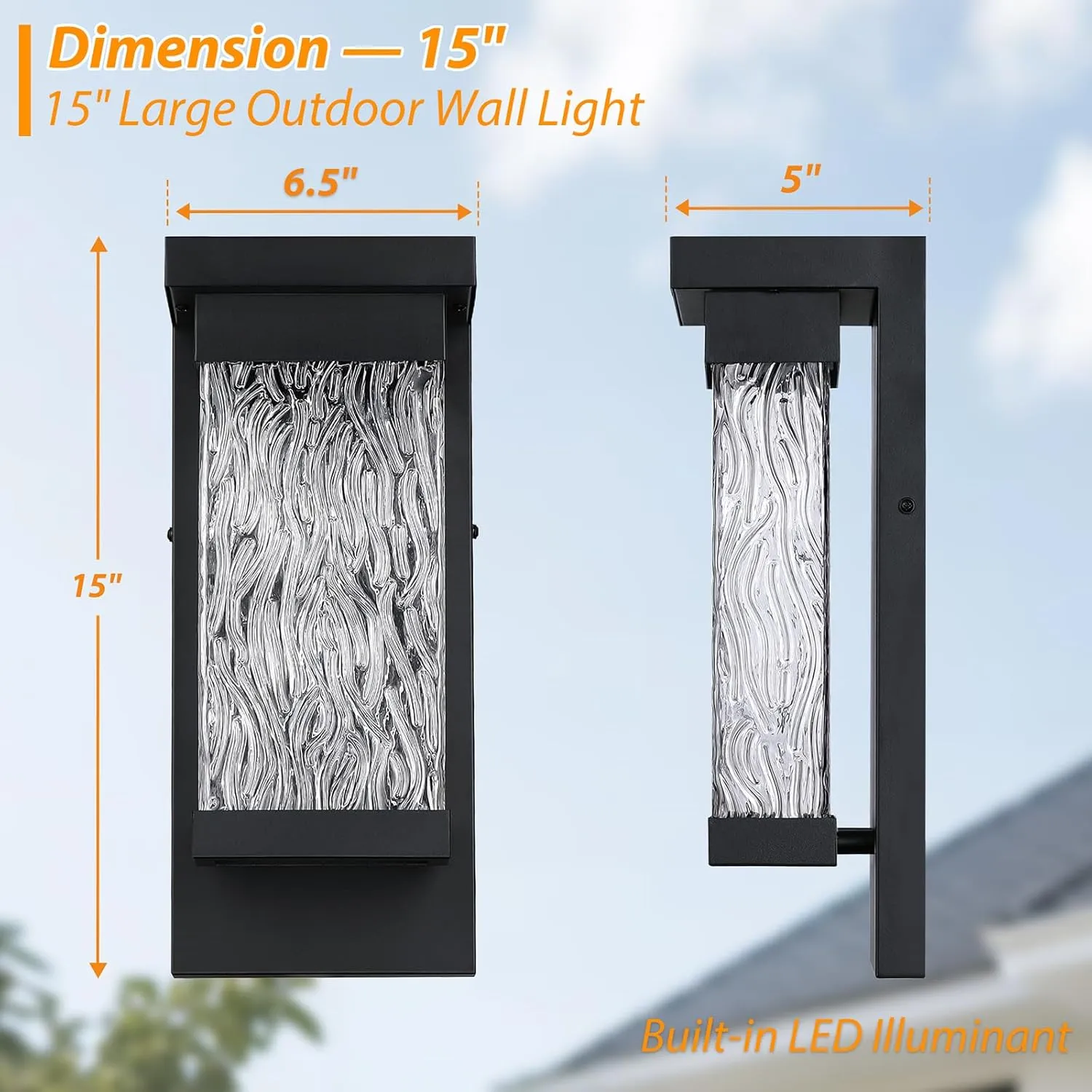B06174L 2 Pack LED Outdoor Wall Lights, 15" Exterior Lighting Fixtures with Attractive Glass, Large Modern Outside Light, Matte Black Outdoor Sconces Lights Porch for House, Front Door, Garage - Image 5