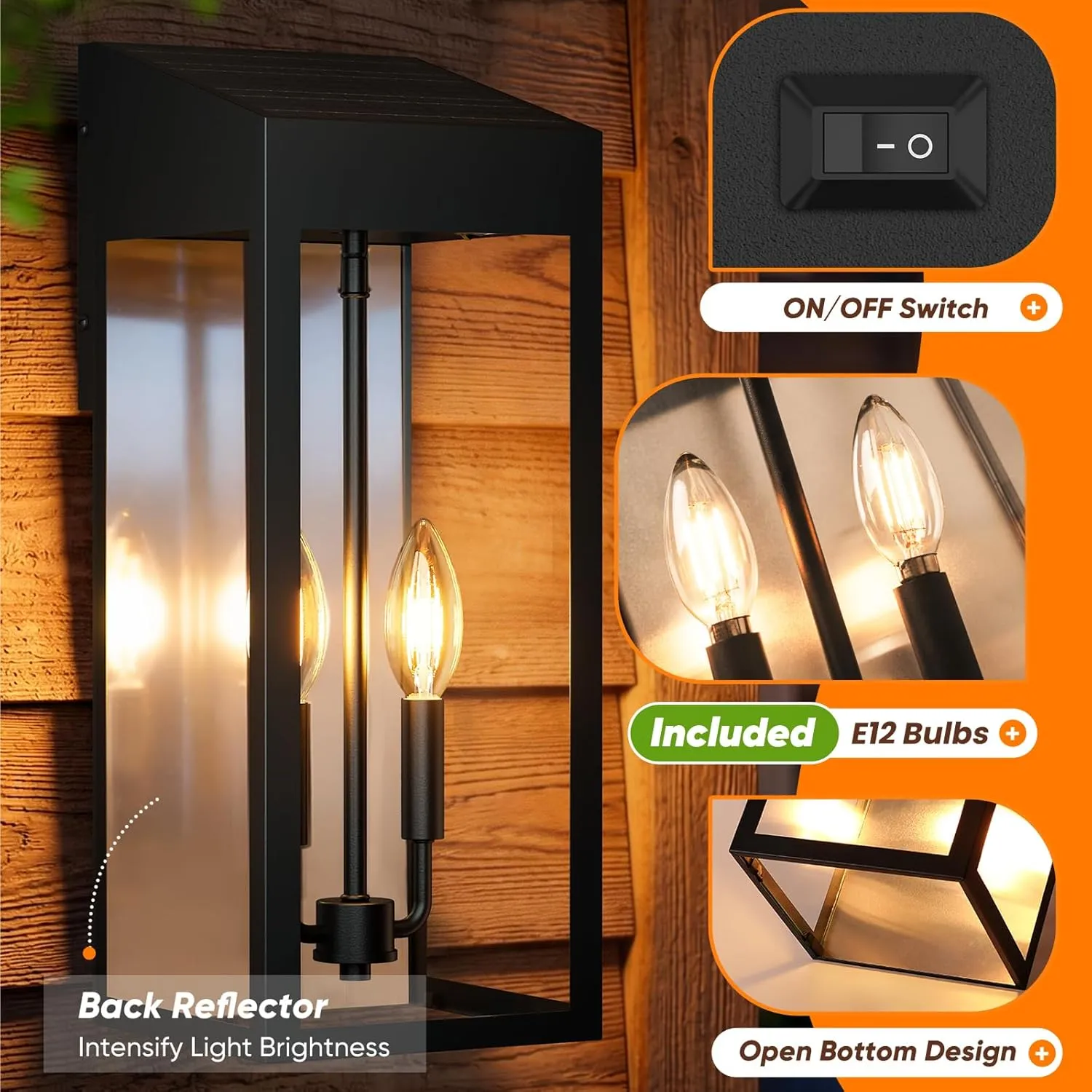 B08061PT Extra Large Solar Wall Lights Outdoor, 20 Inch Dusk to Dawn Outdoor Lights for House IP65 Waterproof, Black Exterior Lights with Tempered Glass Patio Coach Light, Included E12 Bulbs×4 - Image 7