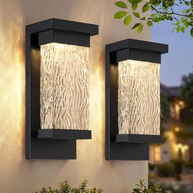B06174L 2 Pack LED Outdoor Wall Lights, 15" Exterior Lighting Fixtures with Attractive Glass, Large Modern Outside Light, Matte Black Outdoor Sconces Lights Porch for House, Front Door, Garage