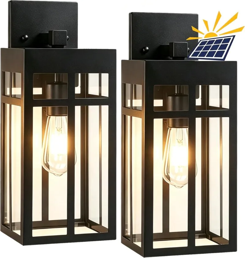 B06172PT 2 Pack Solar Outdoor Wall Lights, 16" Large Dusk to Dawn Exterior Lighting Fixtures, Black Porch Light Lantern Wall Mount, Waterproof Modern Outside Light, Solar Powered for House Patio Garage