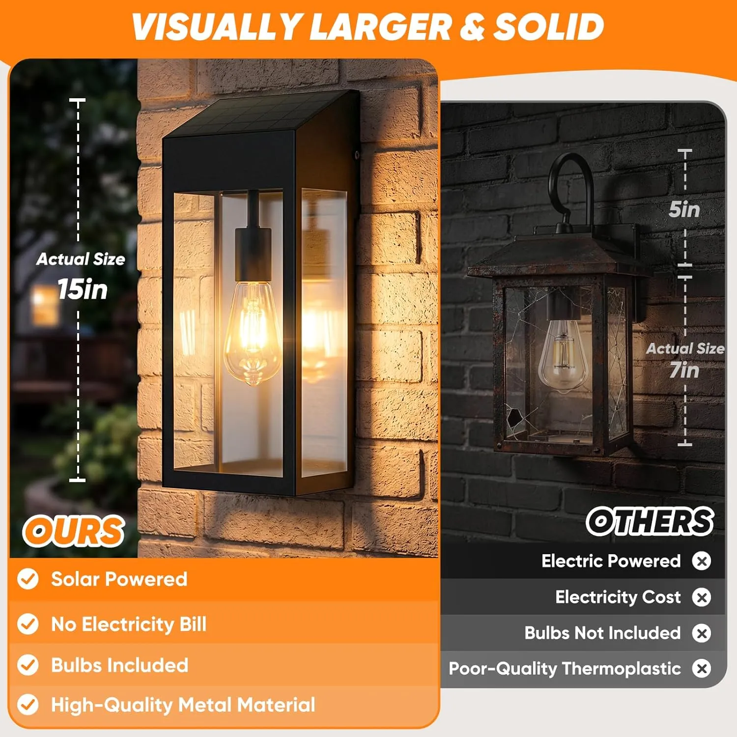 B06176PT 2PK Large Solar Porch Lights Outdoor Included E26 Bulbs, 15” Dusk to Dawn Outdoor Lighting IP65 Waterproof Modern Black Exterior Light Fixtures Solar for Garage Courtyard Patio, 3000K - Image 2