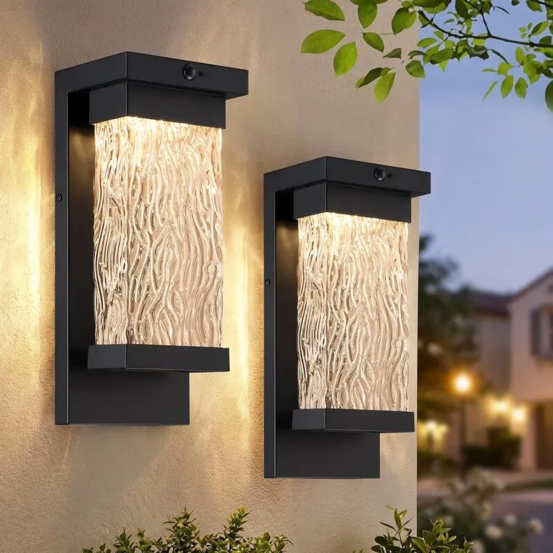 B06174LG 2 Pack Motion Sensor LED Outdoor Lights, 15" Dusk to Dawn Exterior Lighting Fixtures with Attractive Glass, Large Modern Black Outside Sconces Lights Porch for House, Front Door, Garage