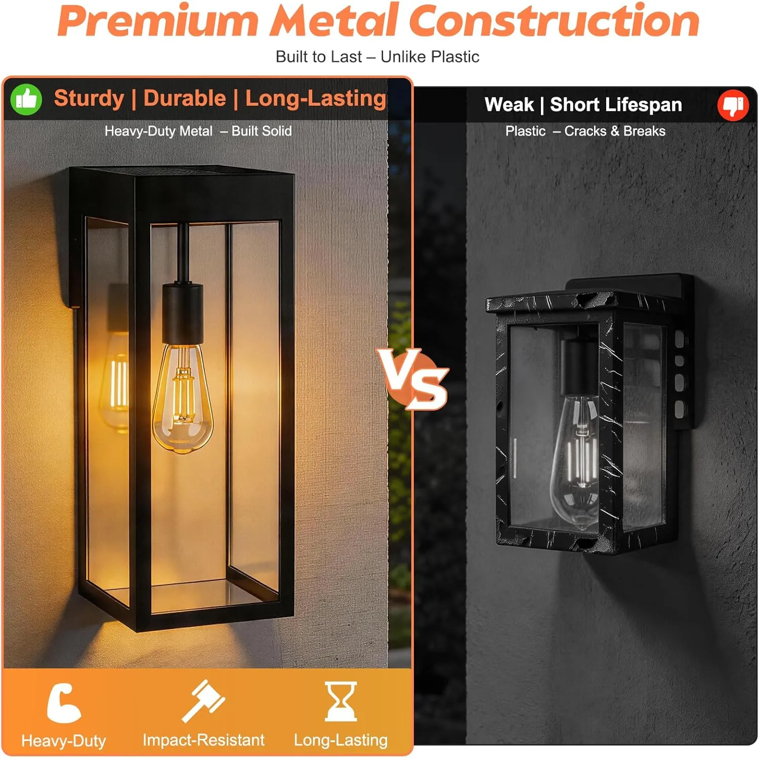 B06175PT 2-Pack Solar Outdoor Wall Lights, Dusk to Dawn Solar Powered Outside Sconce, 15'' Metal Exterior Wall Mounted Lamps for Front Porch, Security Lighting for Outside Patio Fence Garage,E26 Bulbs Included - Image 3